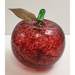 Artist Signed Lars Mack '06 Art Glass Red Textured Apple Metal Leaf Paperweight